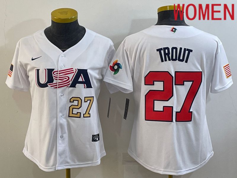 Women 2023 World Cub USA #27 Trout White Nike MLB Jersey1->women mlb jersey->Women Jersey